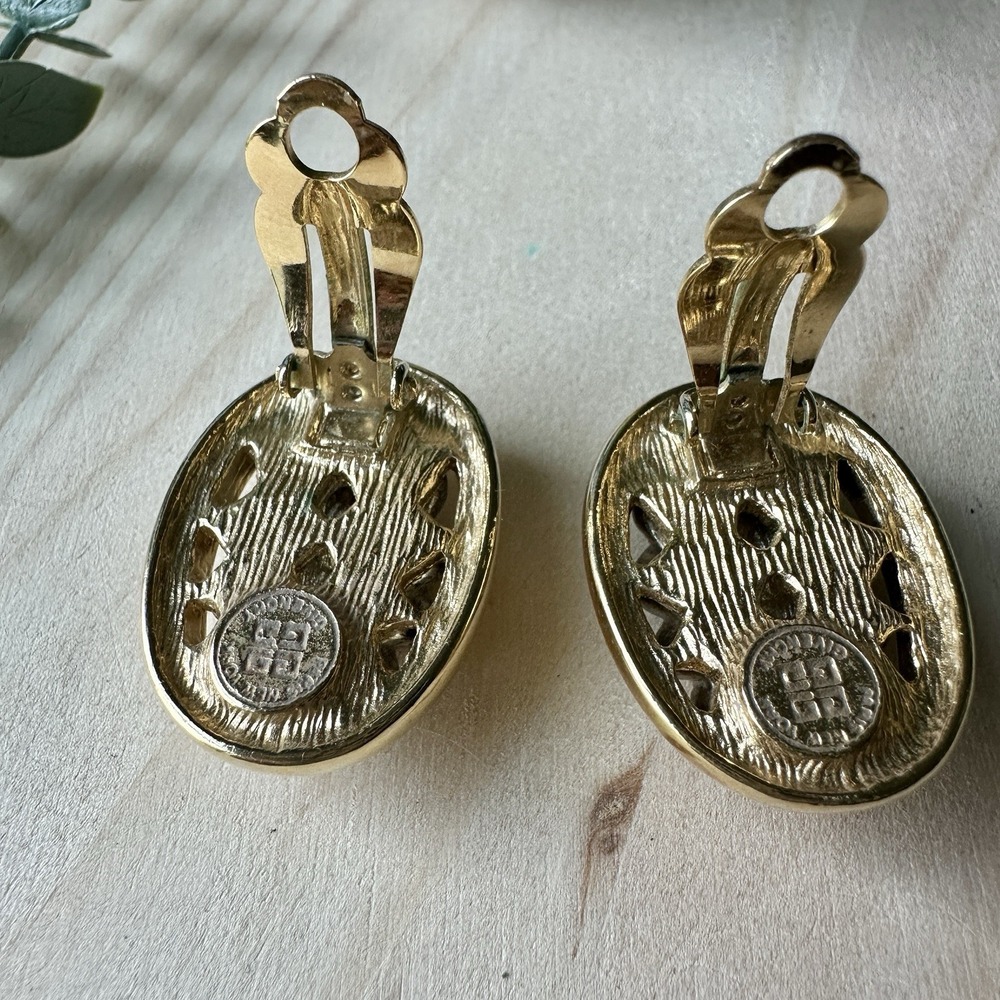 VTG Givenchy Paris NY Earrings 1 Inch Wheat Oval Silver Gold Plated Classic Rare - Picture 3 of 6